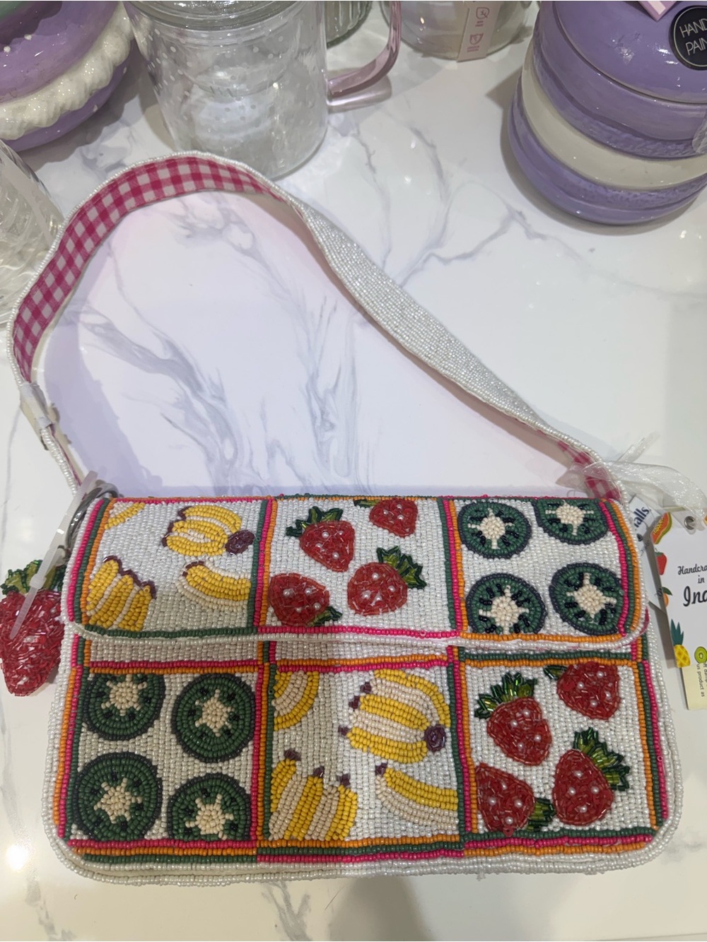 Beaded Fruit Patchwork Shoulder Bag - White with Red & Green Fruit Accents